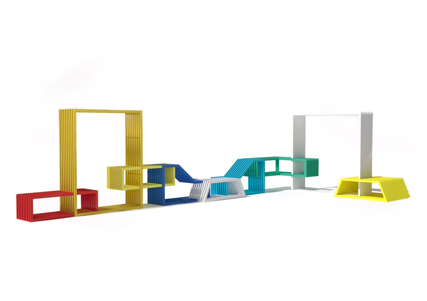 Colorfull play installation for public spaces, interactive public furniture from Boloz Studio.