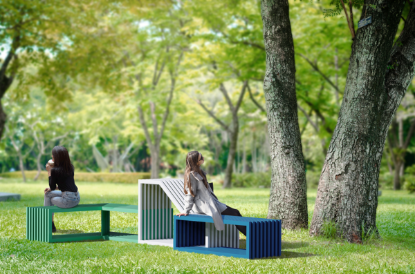 These seating modules create an intimate place for sitting and relaxing. This modular system of geometric shapes can be freely rearranged.