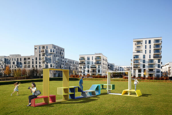 Colorfull play installation for public spaces, interactive public furniture from Boloz Studio.