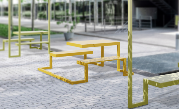 Urban Rooms are brightly colored steel structures resembling houses, creating intimate open-air spaces. Urban tables encourage conversation and play in public areas.