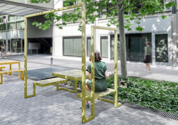 Urban Rooms are brightly colored steel structures resembling houses, creating intimate open-air spaces. Urban tables encourage conversation and play in public areas.