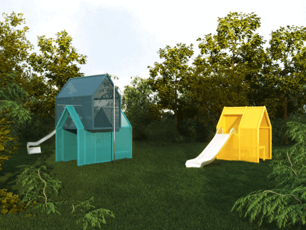Creative Playground Installation that look like stacked playhouses with a slide
