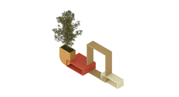 Modular public furniture with flowerpot and seats creates an intimate place for contemplating.