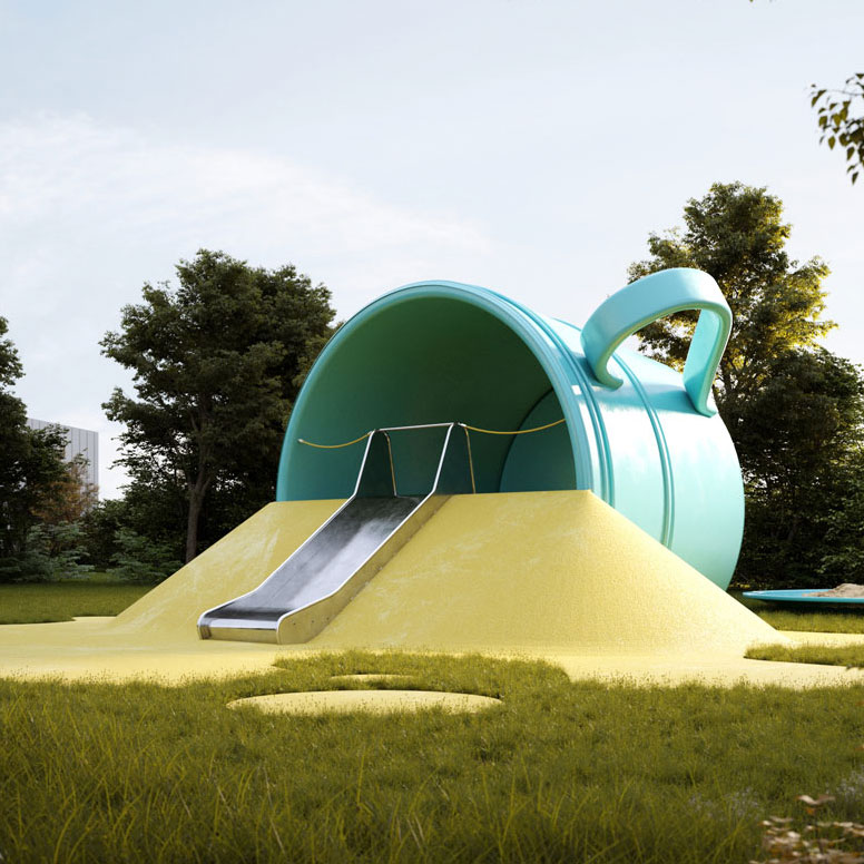 This play sculpture looks like an oversize cup, from which juice is spilling. The juice spill is also a slide for children, while the bottom of the cup is a climbing wall. A little plate is also part of the installation, and functions as a sandpit for children. Children are in spired to partake in a variety of fun – jumping, rolling, hiding. Color blots with painted numbers are an unconventional interpretation of hopscotch.